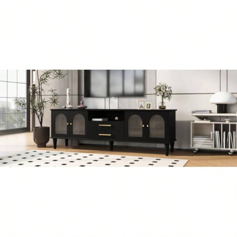 U - Can 68.9 Retro TV Stand TVs up to 75 Inches, Entertainment Center Media Console with Fluted Glass Doors and Five Solid Wood Living roomOLD SKU: N724P198468B