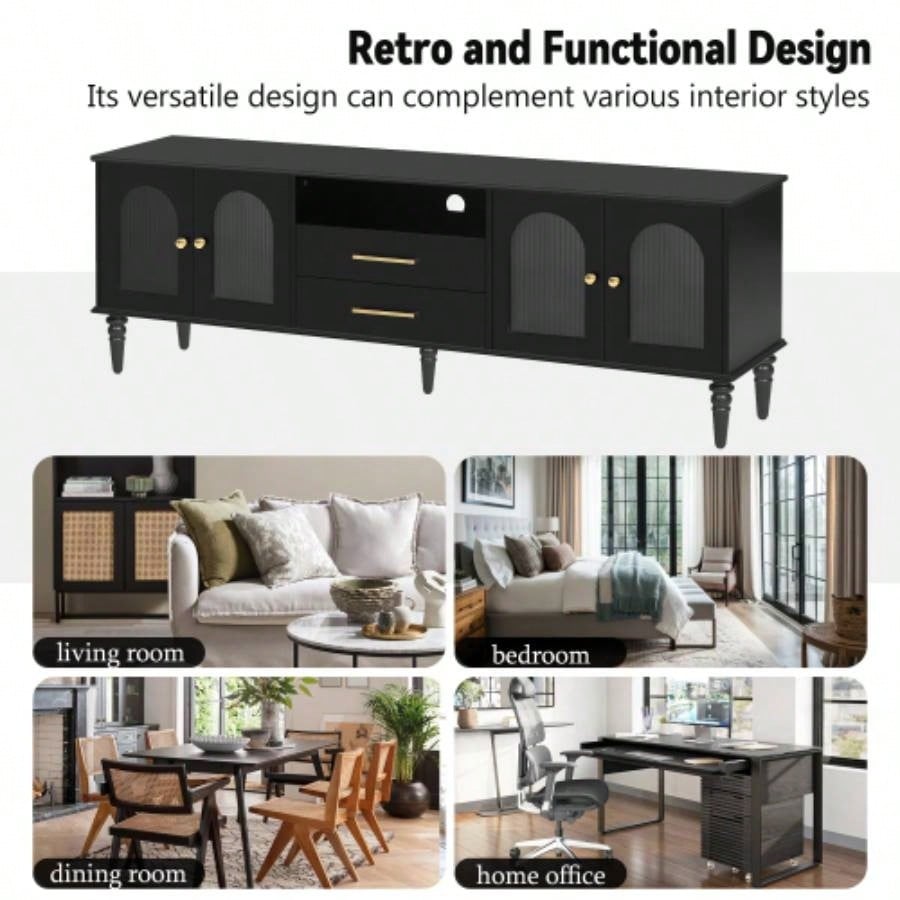 U - Can 68.9 Retro TV Stand TVs up to 75 Inches, Entertainment Center Media Console with Fluted Glass Doors and Five Solid Wood Living roomOLD SKU: N724P198468B