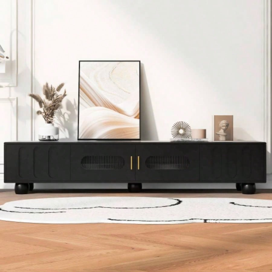 U - Can Modern TV Stand TVs up to 80 Inches, Entertainment Center with Glass Door, TV Storage Cabinet with Solid Wood and Metal Handles Living roomOLD SKU: WF323694AAB