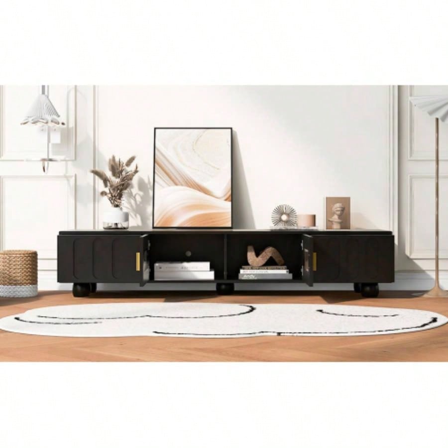 U - Can Modern TV Stand TVs up to 80 Inches, Entertainment Center with Glass Door, TV Storage Cabinet with Solid Wood and Metal Handles Living roomOLD SKU: WF323694AAB