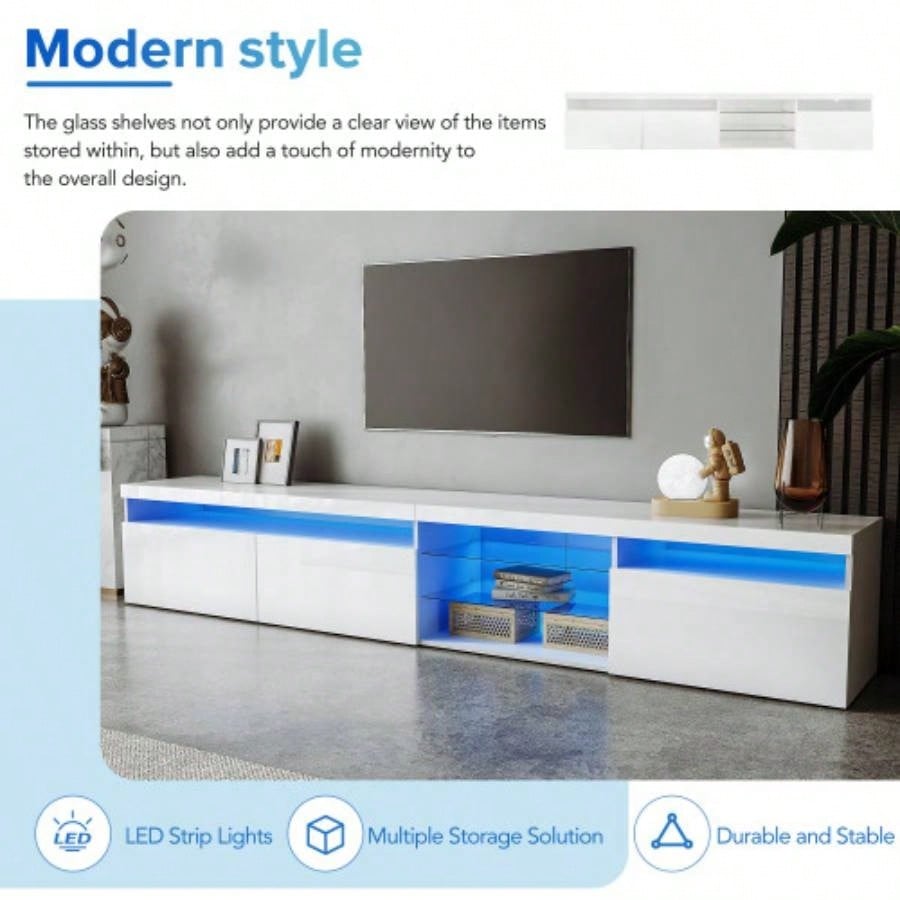 ON - TREND Unique Design TV Stand with 2 Glass Shelves, Ample Storage Space Media Console TVs Up to 105 Versatile TV Cabinet with LED Color Changing Lights Living Room, White