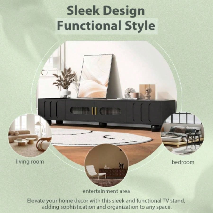 U - Can Modern TV Stand TVs up to 80 Inches, Entertainment Center with Glass Door, TV Storage Cabinet with Solid Wood and Metal Handles Living roomOLD SKU: WF323694AAB