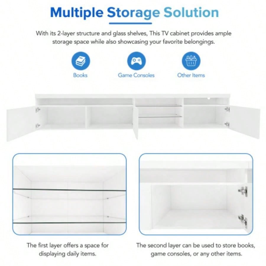 ON - TREND Unique Design TV Stand with 2 Glass Shelves, Ample Storage Space Media Console TVs Up to 105 Versatile TV Cabinet with LED Color Changing Lights Living Room, White