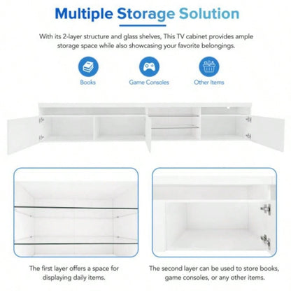 ON - TREND Unique Design TV Stand with 2 Glass Shelves, Ample Storage Space Media Console TVs Up to 105 Versatile TV Cabinet with LED Color Changing Lights Living Room, White