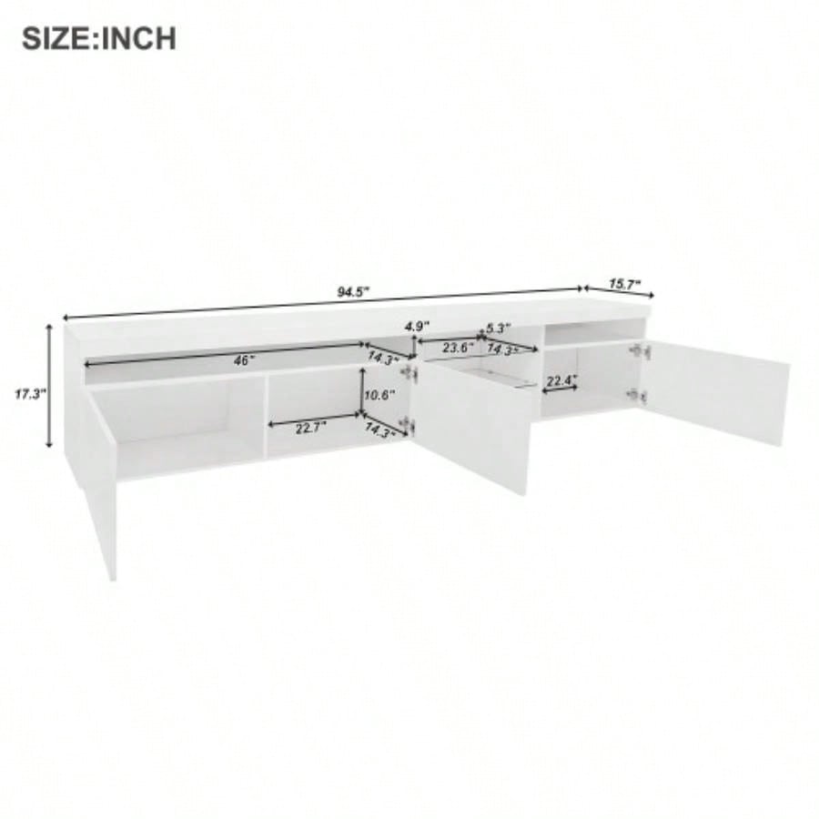 ON - TREND Unique Design TV Stand with 2 Glass Shelves, Ample Storage Space Media Console TVs Up to 105 Versatile TV Cabinet with LED Color Changing Lights Living Room, White