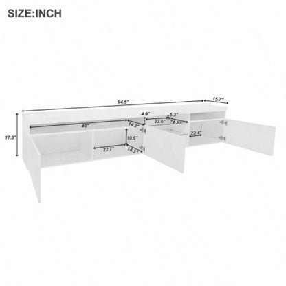 ON - TREND Unique Design TV Stand with 2 Glass Shelves, Ample Storage Space Media Console TVs Up to 105 Versatile TV Cabinet with LED Color Changing Lights Living Room, White