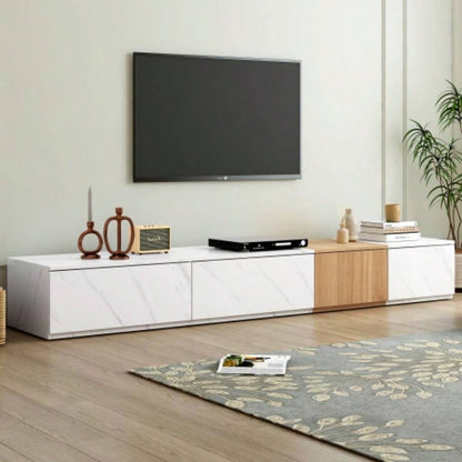 ON - TREND TV Stand with Faux Marble and Walnut Wood Grain TVs up to 88 Modern - Combination Entertainment Center with 4 Storage Drawers Living Room, White