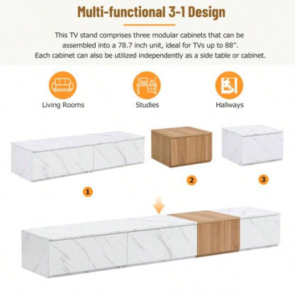 ON - TREND TV Stand with Faux Marble and Walnut Wood Grain TVs up to 88 Modern - Combination Entertainment Center with 4 Storage Drawers Living Room, White
