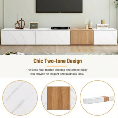 ON - TREND TV Stand with Faux Marble and Walnut Wood Grain TVs up to 88 Modern - Combination Entertainment Center with 4 Storage Drawers Living Room, White