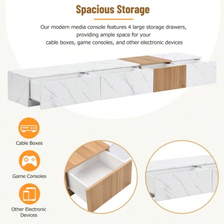 ON - TREND TV Stand with Faux Marble and Walnut Wood Grain TVs up to 88 Modern - Combination Entertainment Center with 4 Storage Drawers Living Room, White