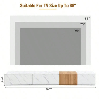ON - TREND TV Stand with Faux Marble and Walnut Wood Grain TVs up to 88 Modern - Combination Entertainment Center with 4 Storage Drawers Living Room, White