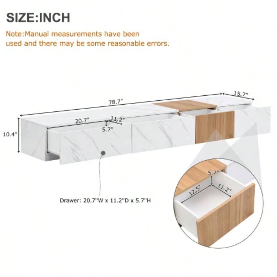 ON - TREND TV Stand with Faux Marble and Walnut Wood Grain TVs up to 88 Modern - Combination Entertainment Center with 4 Storage Drawers Living Room, White