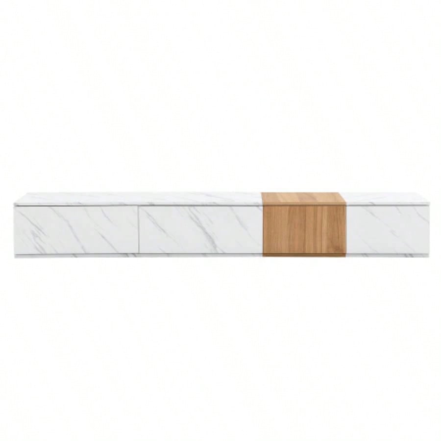 ON - TREND TV Stand with Faux Marble and Walnut Wood Grain TVs up to 88 Modern - Combination Entertainment Center with 4 Storage Drawers Living Room, White