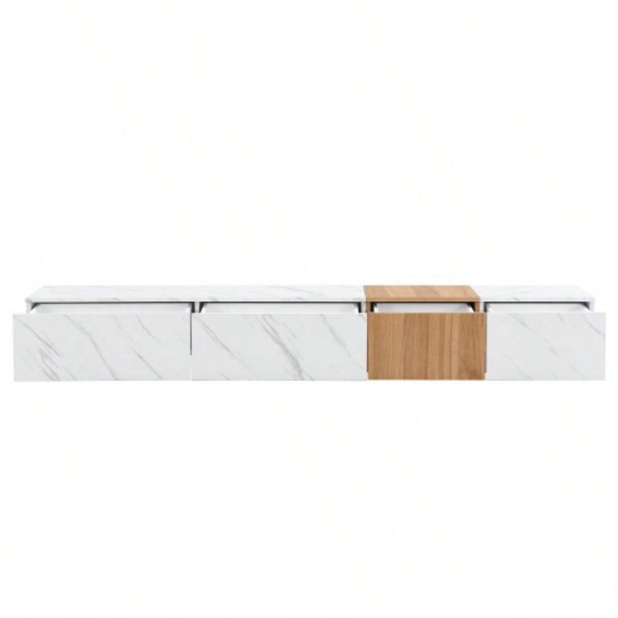 ON - TREND TV Stand with Faux Marble and Walnut Wood Grain TVs up to 88 Modern - Combination Entertainment Center with 4 Storage Drawers Living Room, White