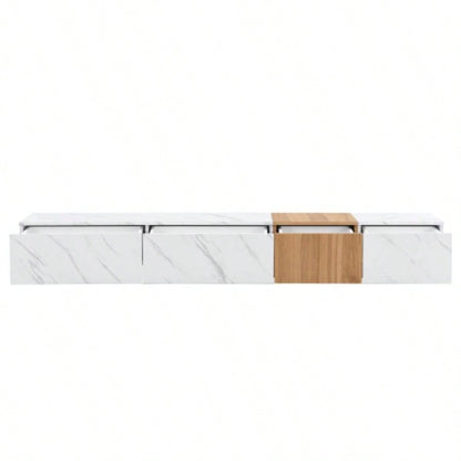 ON - TREND TV Stand with Faux Marble and Walnut Wood Grain TVs up to 88 Modern - Combination Entertainment Center with 4 Storage Drawers Living Room, White