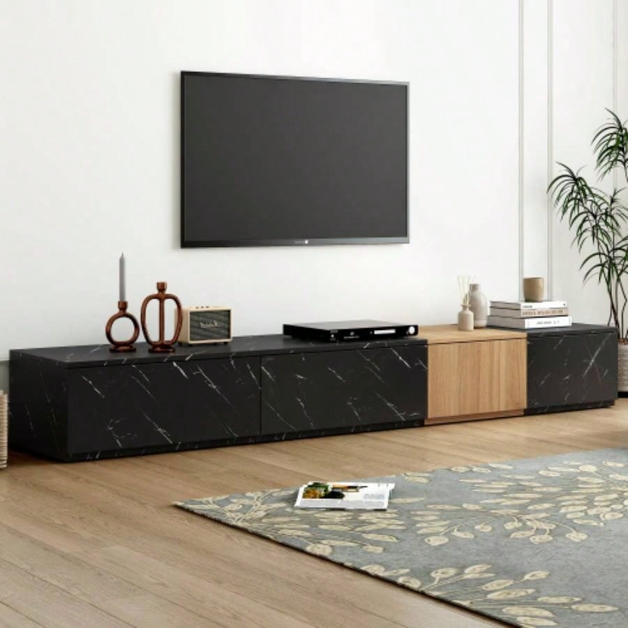 ON - TREND TV Stand with Faux Marble and Walnut Wood Grain TVs up to 88 Modern - Combination Entertainment Center with 4 Storage Drawers Living Room, White