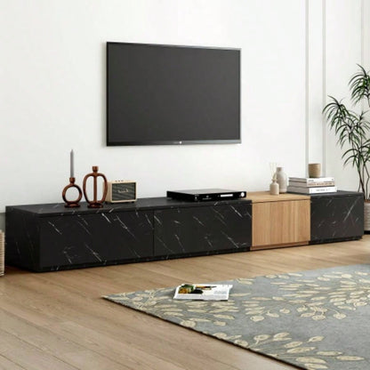 ON - TREND TV Stand with Faux Marble and Walnut Wood Grain TVs up to 88 Modern - Combination Entertainment Center with 4 Storage Drawers Living Room, White