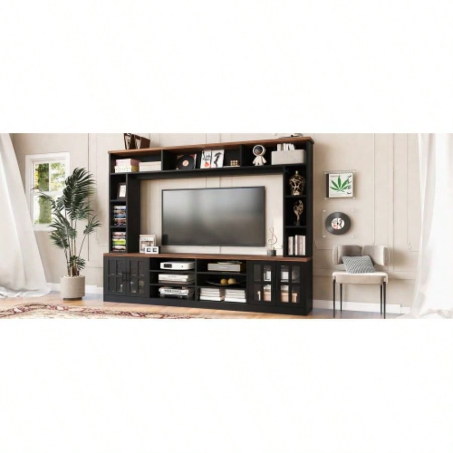 U - Can 95.5 Wall Unit Entertainment Center with Bookshelves TVs up to 80 Modern TV Stand Media Console with Cabinets, Tempered Glass Doors and Adjustable Shelves Living Room