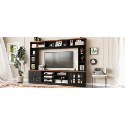 U - Can 95.5 Wall Unit Entertainment Center with Bookshelves TVs up to 80 Modern TV Stand Media Console with Cabinets, Tempered Glass Doors and Adjustable Shelves Living Room
