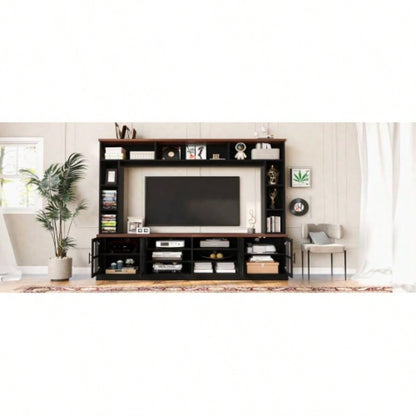 U - Can 95.5 Wall Unit Entertainment Center with Bookshelves TVs up to 80 Modern TV Stand Media Console with Cabinets, Tempered Glass Doors and Adjustable Shelves Living Room