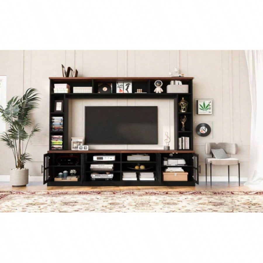 U - Can 95.5 Wall Unit Entertainment Center with Bookshelves TVs up to 80 Modern TV Stand Media Console with Cabinets, Tempered Glass Doors and Adjustable Shelves Living Room