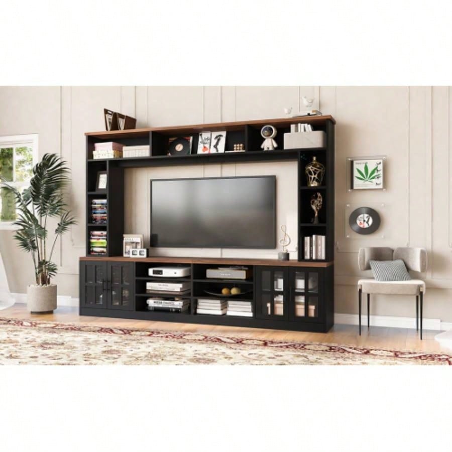 U - Can 95.5 Wall Unit Entertainment Center with Bookshelves TVs up to 80 Modern TV Stand Media Console with Cabinets, Tempered Glass Doors and Adjustable Shelves Living Room