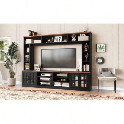 U - Can 95.5 Wall Unit Entertainment Center with Bookshelves TVs up to 80 Modern TV Stand Media Console with Cabinets, Tempered Glass Doors and Adjustable Shelves Living Room