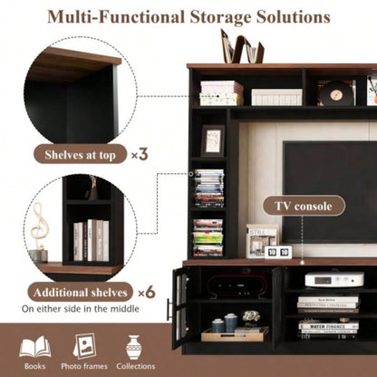 U - Can 95.5 Wall Unit Entertainment Center with Bookshelves TVs up to 80 Modern TV Stand Media Console with Cabinets, Tempered Glass Doors and Adjustable Shelves Living Room