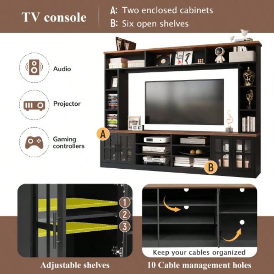 U - Can 95.5 Wall Unit Entertainment Center with Bookshelves TVs up to 80 Modern TV Stand Media Console with Cabinets, Tempered Glass Doors and Adjustable Shelves Living Room