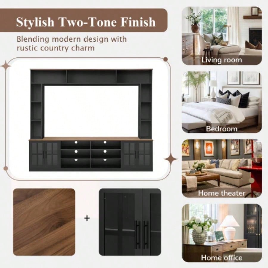 U - Can 95.5 Wall Unit Entertainment Center with Bookshelves TVs up to 80 Modern TV Stand Media Console with Cabinets, Tempered Glass Doors and Adjustable Shelves Living Room