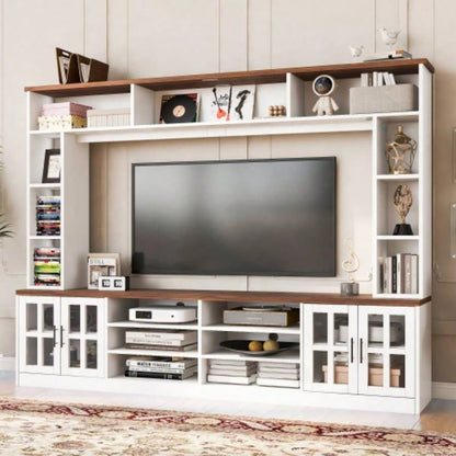 U - Can 95.5 Wall Unit Entertainment Center with Bookshelves TVs up to 80 Modern TV Stand Media Console with Cabinets, Tempered Glass Doors and Adjustable Shelves Living Room