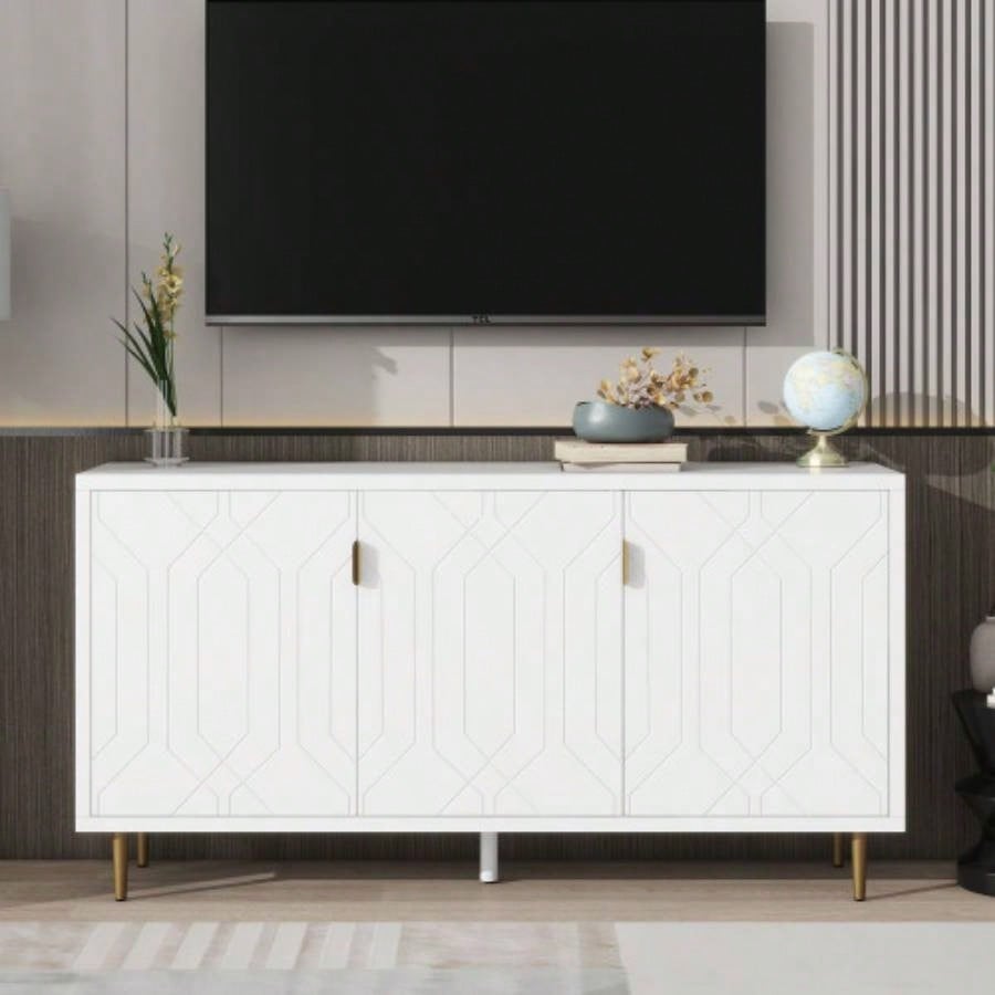 U - Can Modern TV Stand with 3 Doors and Adjustable Shelves Living Room, Fits TVs Up to 70 Inches, White