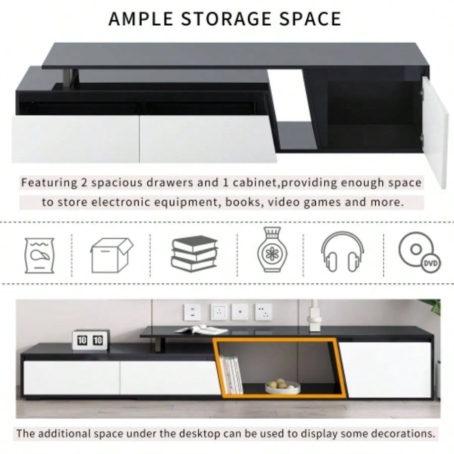 U - Can Modern, Minimalist Rectangle Extendable TV Stand, TV Cabinet with 2 Drawers and 1 Cabinet Living Room, Up to