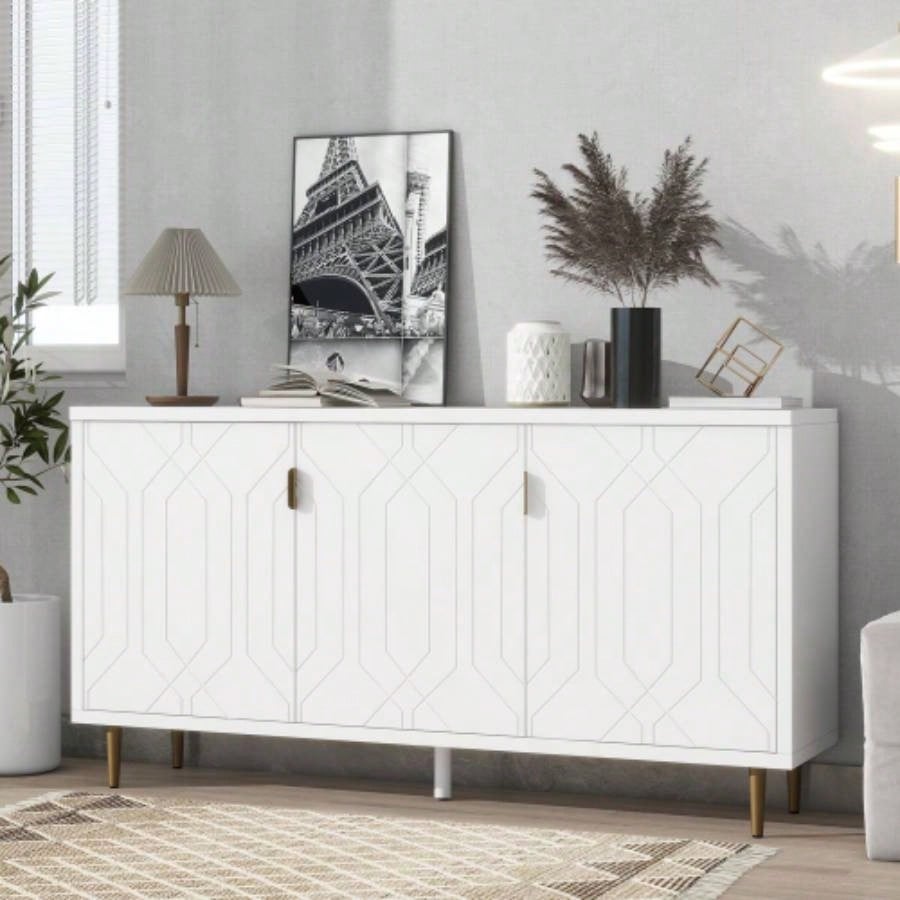 U - Can Modern TV Stand with 3 Doors and Adjustable Shelves Living Room, Fits TVs Up to 70 Inches, White