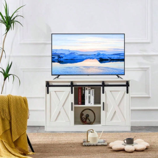 White decorative wooden TV/ storage cabinet with two sliding barn doors, available bedroom, living room, corridor.