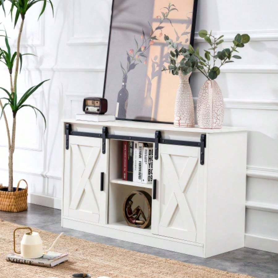 White decorative wooden TV/ storage cabinet with two sliding barn doors, available bedroom, living room, corridor.