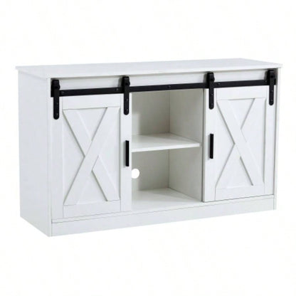 White decorative wooden TV/ storage cabinet with two sliding barn doors, available bedroom, living room, corridor.