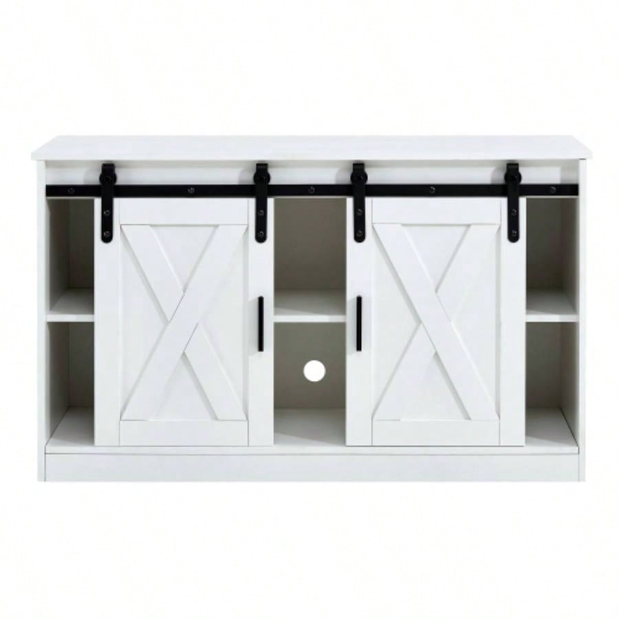 White decorative wooden TV/ storage cabinet with two sliding barn doors, available bedroom, living room, corridor.