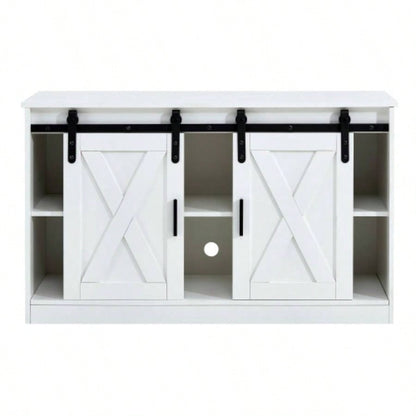 White decorative wooden TV/ storage cabinet with two sliding barn doors, available bedroom, living room, corridor.