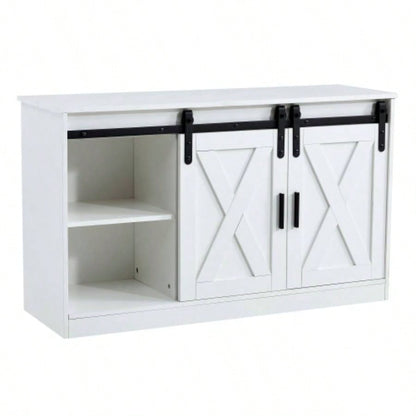 White decorative wooden TV/ storage cabinet with two sliding barn doors, available bedroom, living room, corridor.