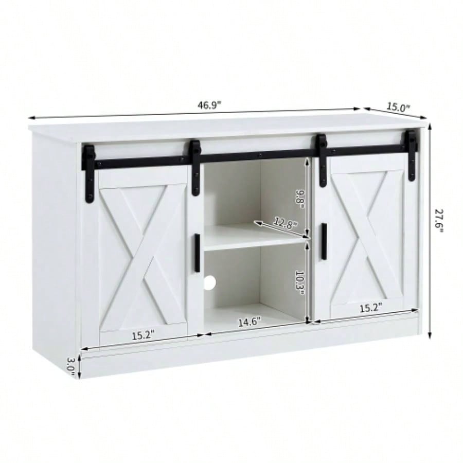 White decorative wooden TV/ storage cabinet with two sliding barn doors, available bedroom, living room, corridor.