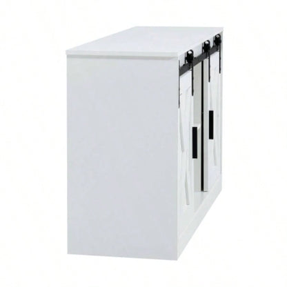 White decorative wooden TV/ storage cabinet with two sliding barn doors, available bedroom, living room, corridor.