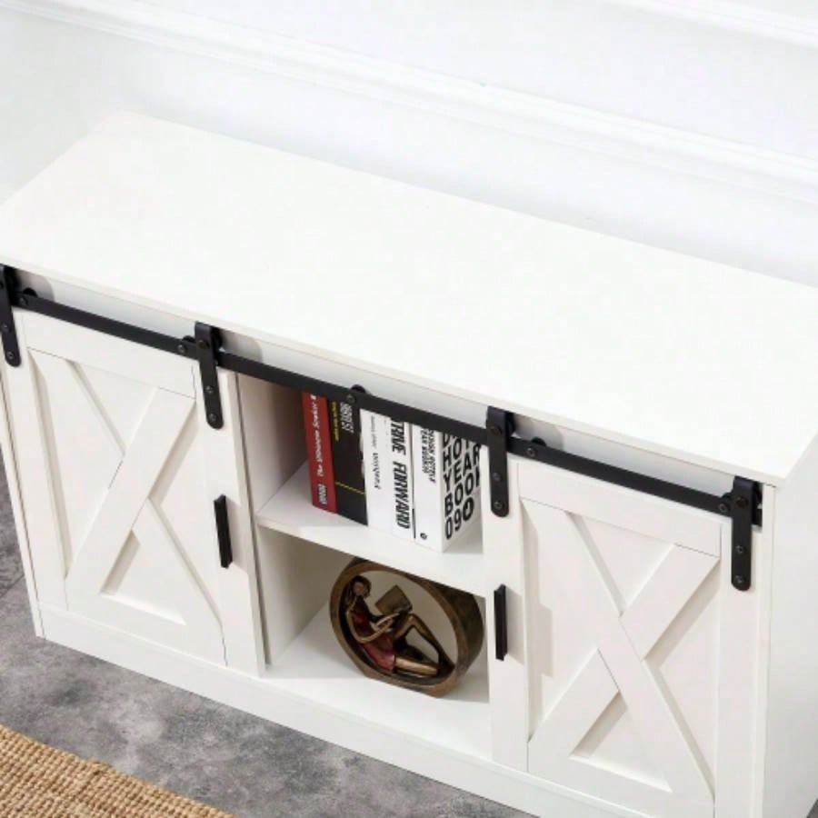 White decorative wooden TV/ storage cabinet with two sliding barn doors, available bedroom, living room, corridor.