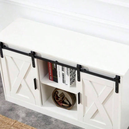 White decorative wooden TV/ storage cabinet with two sliding barn doors, available bedroom, living room, corridor.