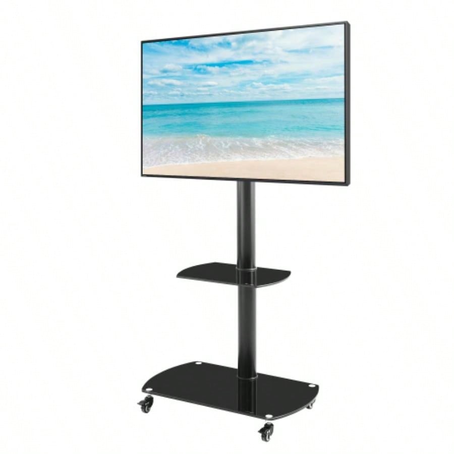 Height and Angle Adjustable Multi - Function Tempered Glass Metal Frame Floor With Lockable Wheels Mobile TV Stand, LCD/Plasma TV bracket 2 Tier Tempered Glass Shelves Multiple Media Devices