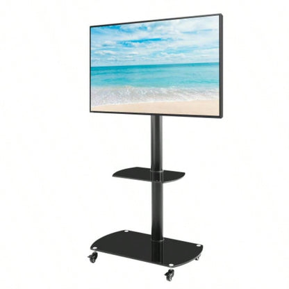 Height and Angle Adjustable Multi - Function Tempered Glass Metal Frame Floor With Lockable Wheels Mobile TV Stand, LCD/Plasma TV bracket 2 Tier Tempered Glass Shelves Multiple Media Devices