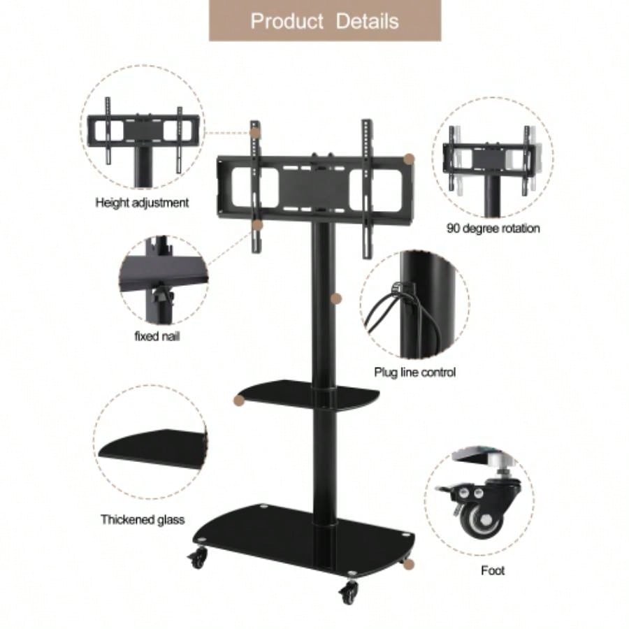 Height and Angle Adjustable Multi - Function Tempered Glass Metal Frame Floor With Lockable Wheels Mobile TV Stand, LCD/Plasma TV bracket 2 Tier Tempered Glass Shelves Multiple Media Devices