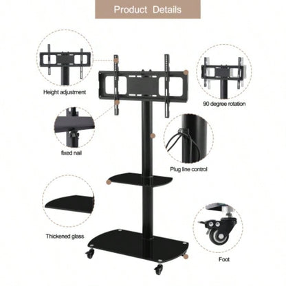 Height and Angle Adjustable Multi - Function Tempered Glass Metal Frame Floor With Lockable Wheels Mobile TV Stand, LCD/Plasma TV bracket 2 Tier Tempered Glass Shelves Multiple Media Devices