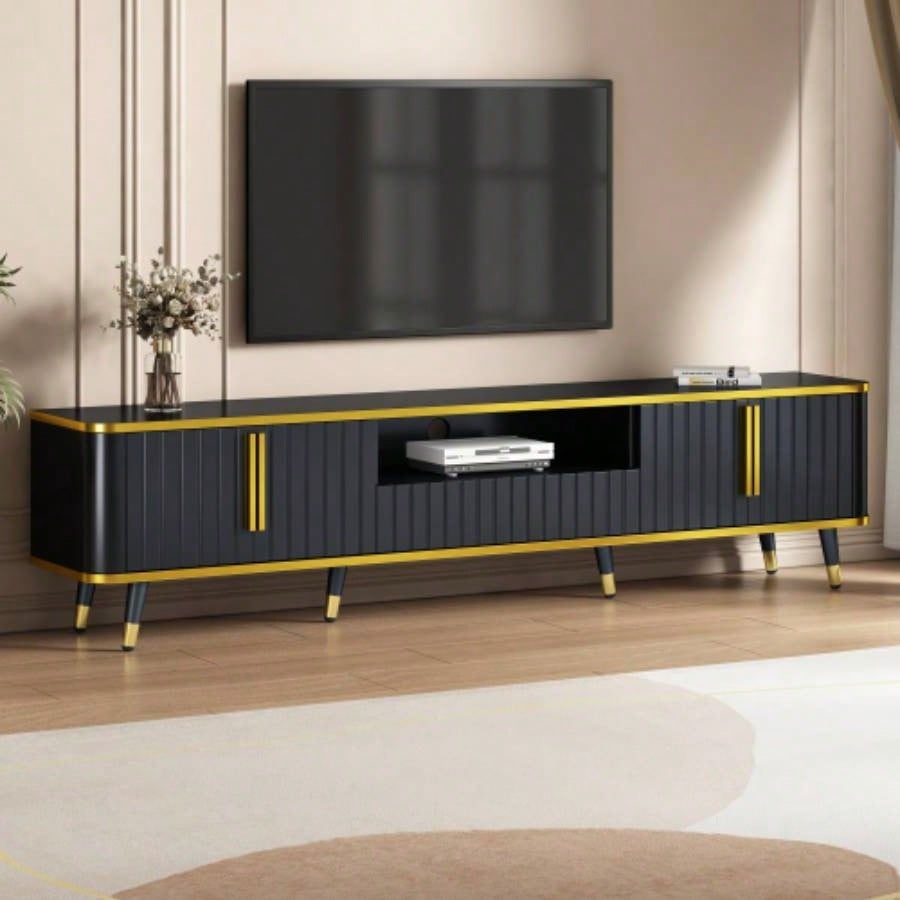 ON - TREND Luxury Minimalism TV Stand with Open Storage Shelf TVs Up to 85 Entertainment Center with Cabinets and Drawers, Practical Media Console with Unique Living Room, Black