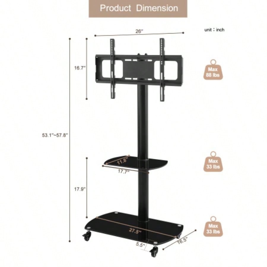 Height and Angle Adjustable Multi - Function Tempered Glass Metal Frame Floor With Lockable Wheels Mobile TV Stand, LCD/Plasma TV bracket 2 Tier Tempered Glass Shelves Multiple Media Devices